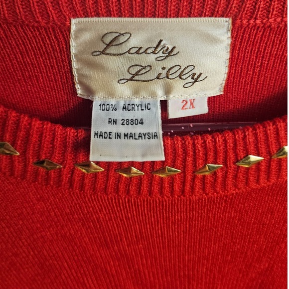Vtg Lady Lilly Red 2X Sweater Gold Embellishments Women #530 - Picture 3 of 10